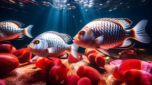 Tilapia fish gathering in a freshwater lake, AI generated, deep sea, fish, squid, bioluminescent,