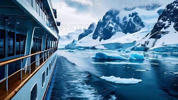 Cruise ship sailing in icy waters surrounded by glaciers snow capped mountains, AI generated