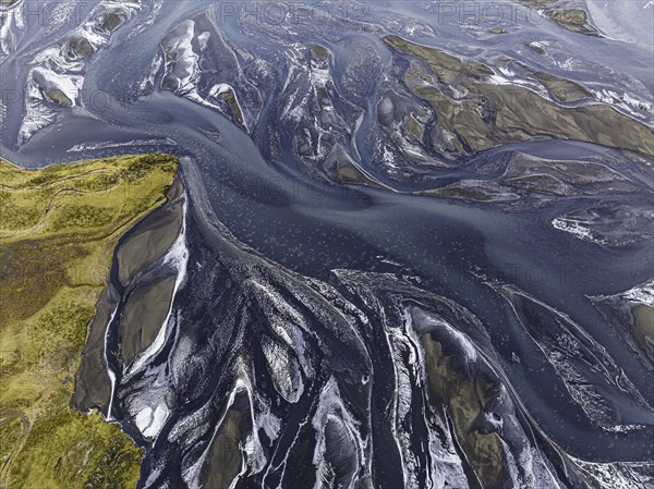 Overgrown river landscape, Eldhraun, near Kirkjubaejarklaustur, drone image, Sudurland, Iceland,