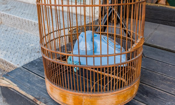 Old style rotary phone sitting in birdcage sitting outside on wooden step in Seoul, South Korea,