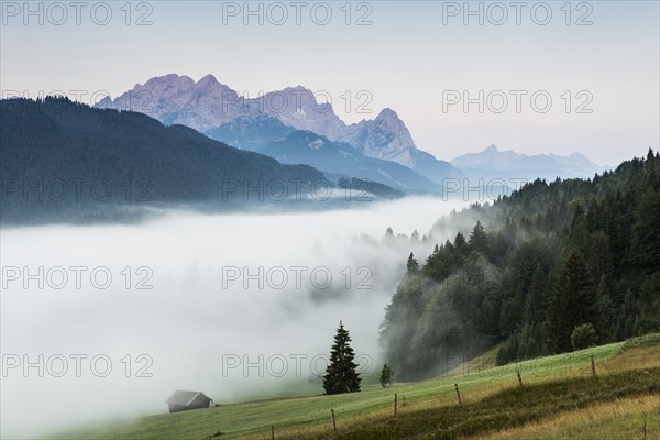 Sunrise and morning fog, Geroldsee or Wagenbruechsee, Kruen near Mittenwald, Werdenfelser Land,
