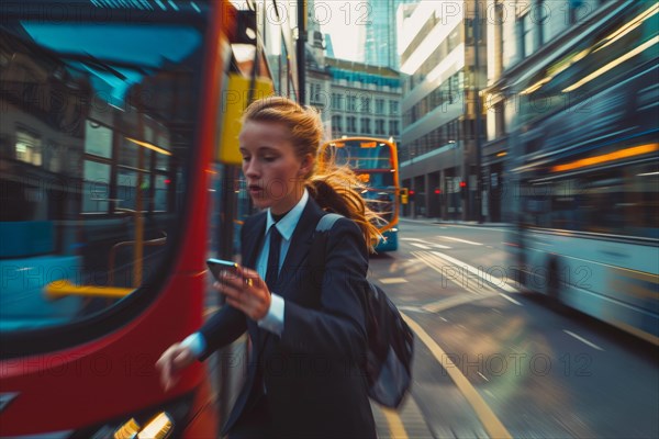 A young woman in a hurry looks at her smartphone on a busy street, symbolic image for accident risk