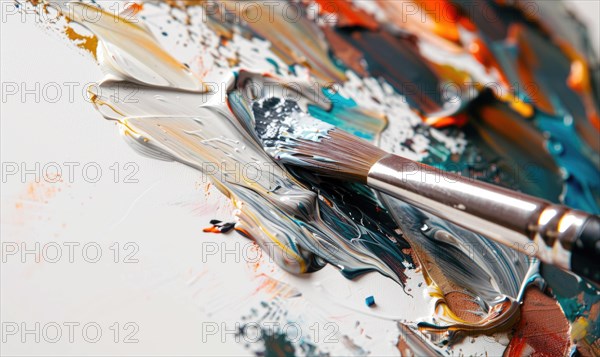 Closeup view of painting brush and paint texture on white canvas. Artistic abstract background AI