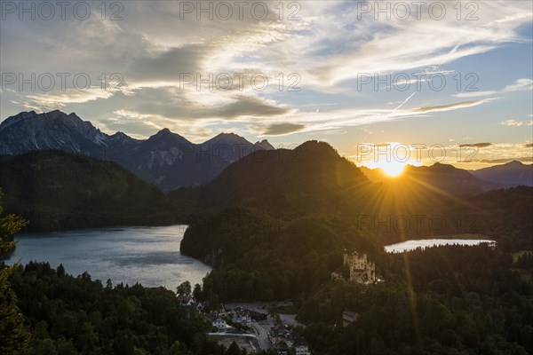 Hohenschwangau Castle, foehn storm, sunset, near Fuessen, Ostallgaeu, Allgaeu, Bavaria, Germany,