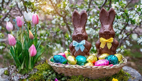 Chocolate Easter bunnies in a colourful Easter nest in the garden, symbolic Easter photo, AI