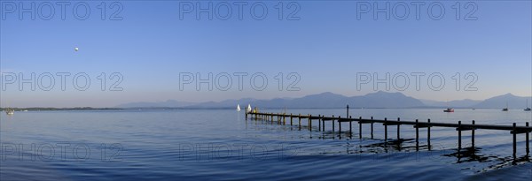 Lake Chiemsee with mountains from Hotel Malerwinkel, Chiemgau, Upper Bavaria, Bavaria, Germany,