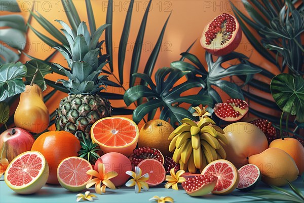 Vibrant still life of various tropical fruits arranged against a backdrop of palm leaves,