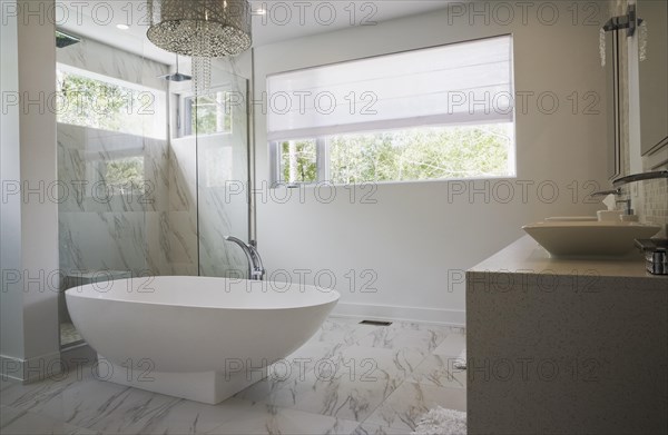 Glass shower stall with white acrylic freestanding bathtub in main bathroom with marble floor tiles