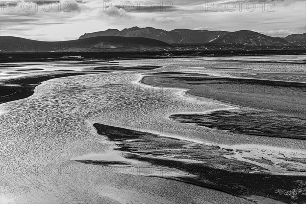 Overgrown river landscape, black and white photograph, Fjallabak Nature Reserve, Sudurland,