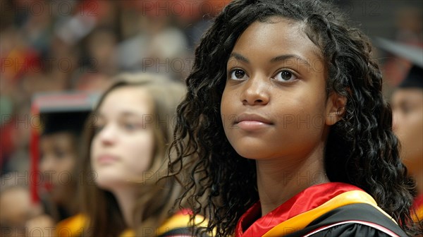 A latino young girl in school graduation attire looks forward with a serious expression amid a