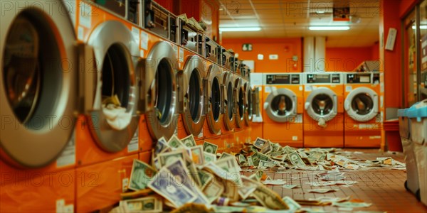 Banknotes scattered on the floor under a row of washing machines in a launderette, symbolic image