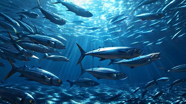 Silver sardines arrive in a dense school their silver scales shimmer under the light, AI generated,