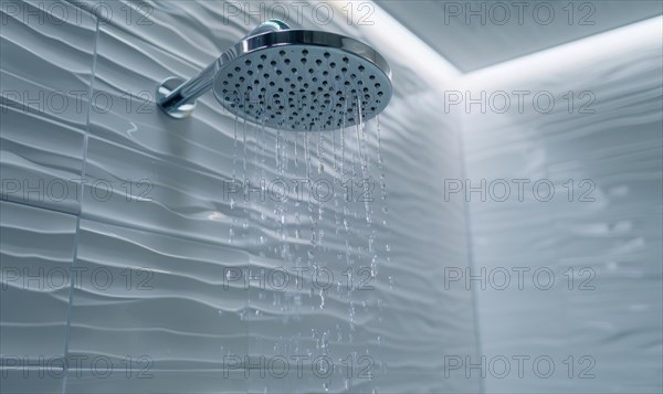 Streams of water fall from a shower head against a textured wall creating a ripple effect AI