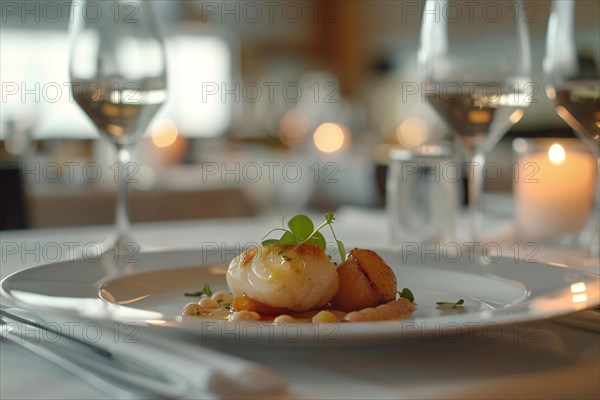 A gourmet dish of scallops presented elegantly on a plate with a wine glass in a fine dining