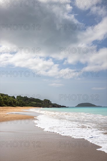 Lonely, wide sandy beach with turquoise-coloured sea. Tropical plants in a bay in the Caribbean