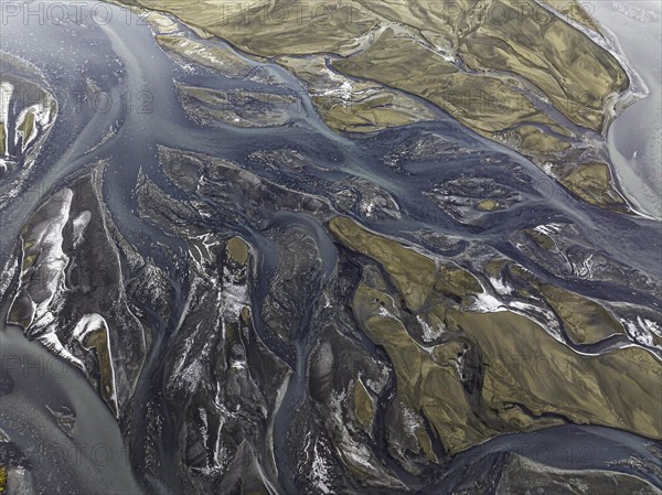 Overgrown river landscape, Eldhraun, near Kirkjubaejarklaustur, drone image, Sudurland, Iceland,