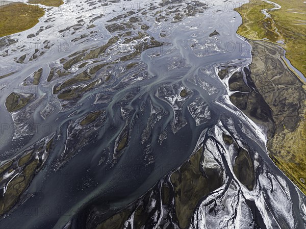 Overgrown river landscape, Eldhraun, near Kirkjubaejarklaustur, drone image, Sudurland, Iceland,