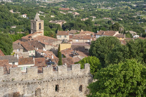 View from Grimaud Castle to the village of Grimaud with the church of Saint Michel,