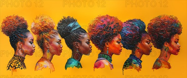 Profiles of seven women with different afro hairstyles on a vibrant orange background with dripping
