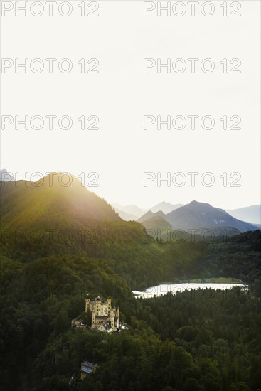 Hohenschwangau Castle, foehn storm, sunset, near Fuessen, Ostallgaeu, Allgaeu, Bavaria, Germany,