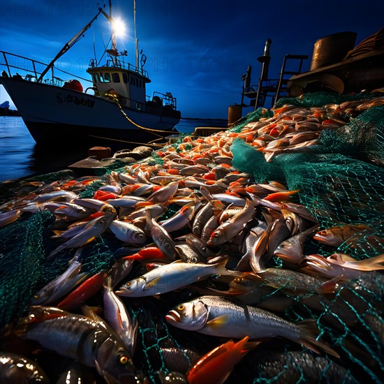 Commercial fishing net cascading onto the dock overflowing with caught shrimp fish and incidentally