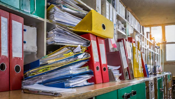 An office cupboard full of disorganised folders and piles of paper reflects the challenge of