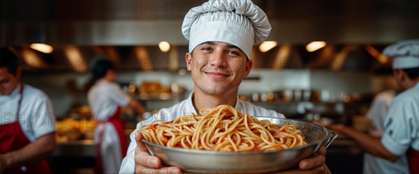 Happy young chef presenting a large bowl of pasta, displaying satisfaction with his culinary