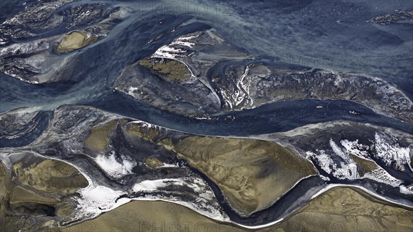 Overgrown river landscape, Eldhraun, near Kirkjubaejarklaustur, drone image, Sudurland, Iceland,