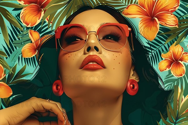 Fashion portrait of a woman with tropical flowers surrounding her and vibrant pink sunglasses,