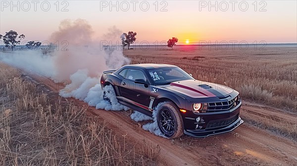 A black Camaro making a cloud of dust while driving through a field at sunset, action sports