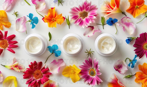 Three creme jar blank mockups nestled amidst delicate flower petals on a white background AI