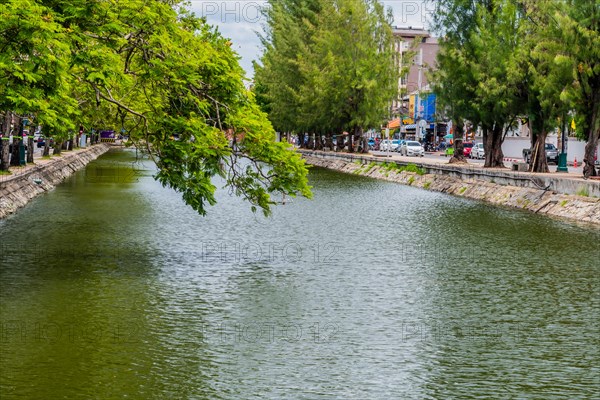 Canal water reflects the surrounding urban greenery and sky with tree branches overhanging, in