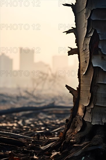 Tree barks texture cracked and dry juxtaposed with a faint city silhouette indicating climate