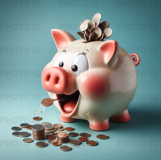 A piggy bank into which coins are inserted spits out coins. Symbol photo saving, saver, money,