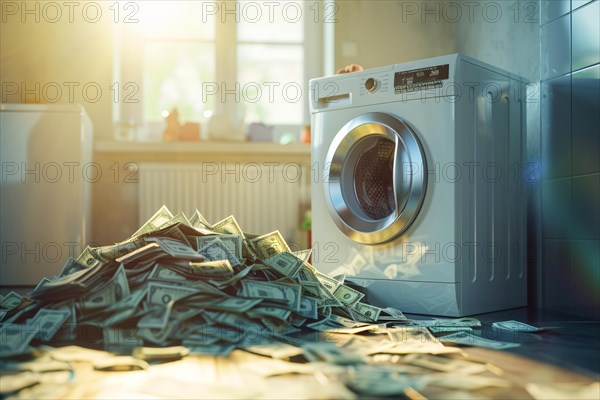 A mountain of banknotes lying in front of a washing machine, symbolising money laundering,