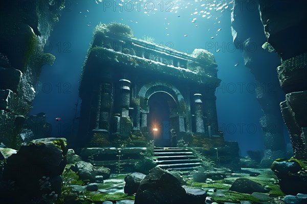 Deep sea submersible bathed in artificial light navigates through murky waters, AI generated, deep