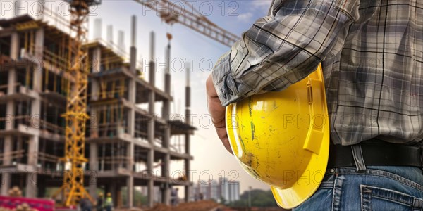 Banner with construction worker holding yellow safety helmet with construction site with building