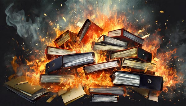 Burning books in an illustration, the fire glows brightly and conveys heat, symbol bureaucracy, AI