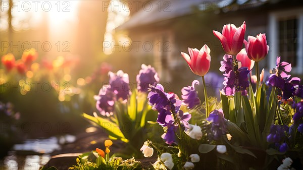 Traditional cottage garden with spring flowers tulips hyacinths pansies in warm morning light, AI