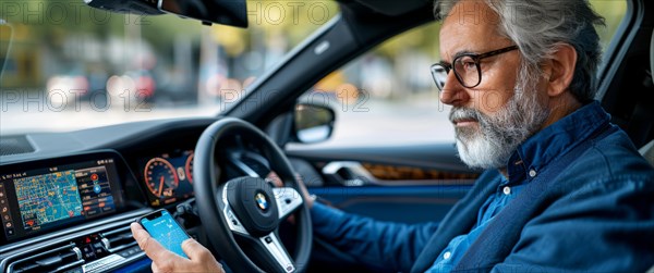 Man inside a luxury car interacting with big infotainment touchscreen dashboard and his smartphone,