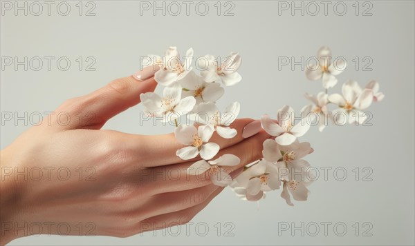 Close-up of a woman's hand with a neutral manicure, adorned with delicate flower petals AI