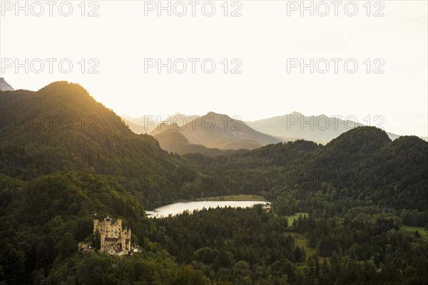 Hohenschwangau Castle, foehn storm, sunset, near Fuessen, Ostallgaeu, Allgaeu, Bavaria, Germany,