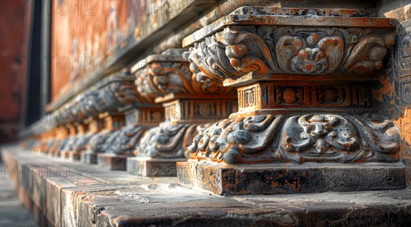 Close-up of intricate stone carving on architectural relief work with red hues, ai generated, AI
