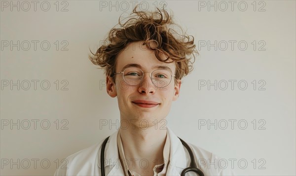 Warm portrait of a young man with curly hair and glasses, dressed in a white coat with a