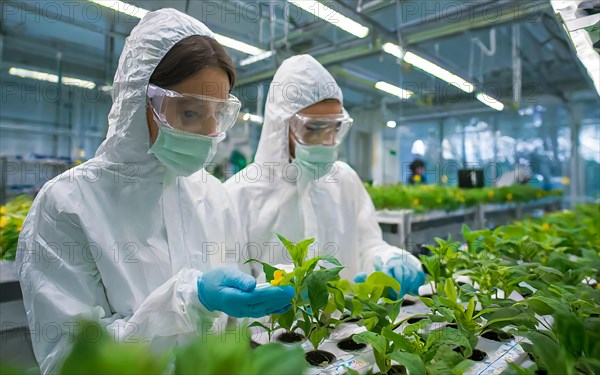 Biologists in protective suits grow vegetables in the lab, the concept of biotechnology, plant care