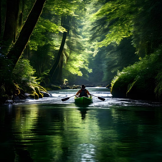 Kayaker in synergy with the gentle current meanders through the heart of a lush green forest, AI
