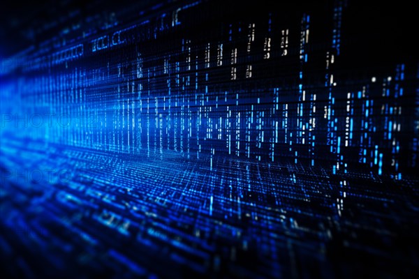 Blue dynamic digital data streams, showcasing flowing lines of code in a mesmerizing pattern, ideal