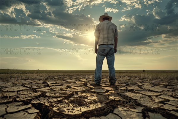 A farmer stands on a parched, cracked earth surface, symbolising water shortage, drought, extreme
