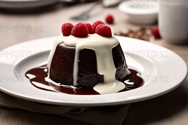 Chocolate pudding with vanilla sauce on plate. KI generiert, generiert, AI generated