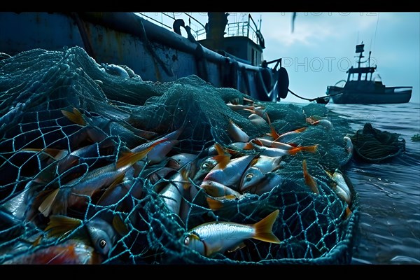 Commercial fishing net cascading onto the dock overflowing with caught fish and incidentally